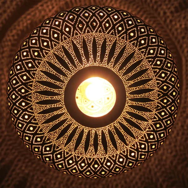 Moroccan Brass Saucer Pendant Light, Hand Pierced Bowl Lamp, Boho Shadow Pattern Ceiling Light