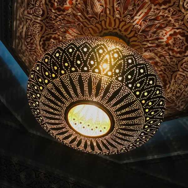 Moroccan Brass Saucer Pendant Light, Hand Pierced Bowl Lamp, Boho Shadow Pattern Ceiling Light