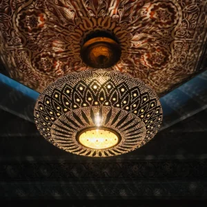 2007_8 Moroccan Brass Saucer Pendant Light, Hand Pierced Bowl Lamp, Boho Shadow Pattern Ceiling Light