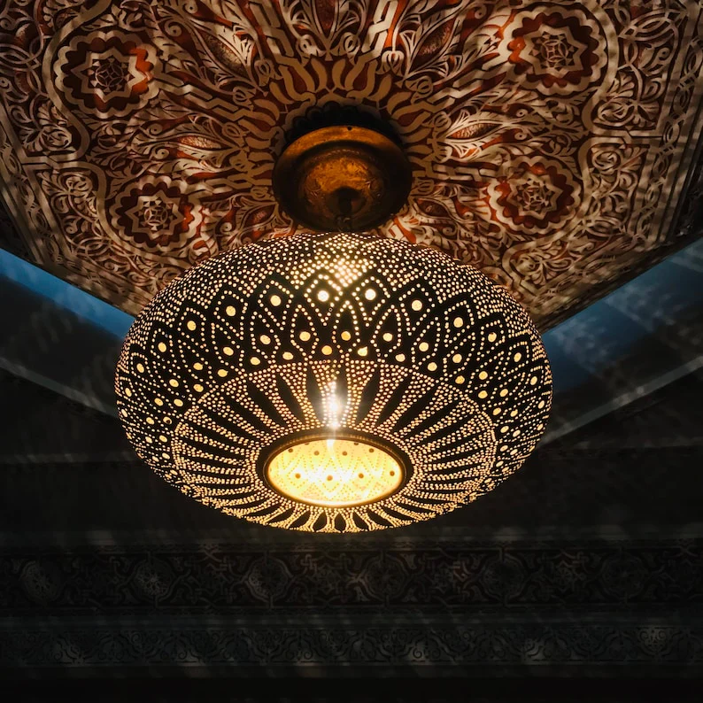 Moroccan Brass Saucer Pendant Light, Hand Pierced Bowl Lamp, Boho Shadow Pattern Ceiling Light