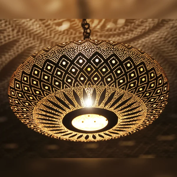 Moroccan Brass Saucer Pendant Light, Hand Pierced Bowl Lamp, Boho Shadow Pattern Ceiling Light