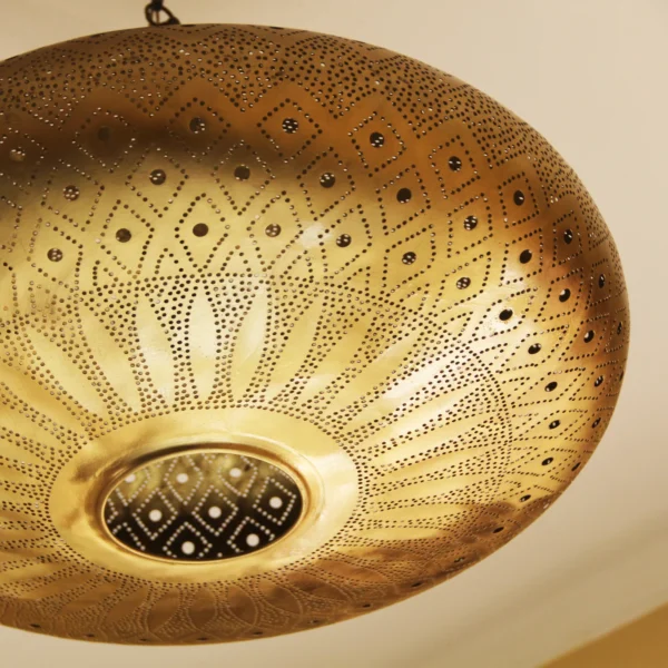 Moroccan Brass Saucer Pendant Light, Hand Pierced Bowl Lamp, Boho Shadow Pattern Ceiling Light