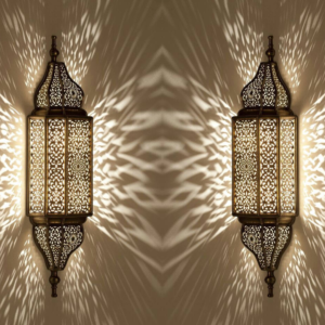 Two Handmade Moroccan Brass Wall Sconces with Finial – Unlacquered Brass