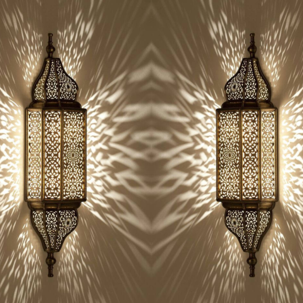 6 (1) Two Handmade Moroccan Brass Wall Sconces with Finial – Unlacquered Brass