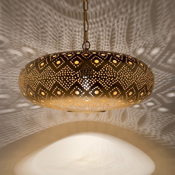 Moroccan Brass Saucer Pendant Light, Hand Pierced Bowl Lamp, Boho Shadow Pattern Ceiling Light