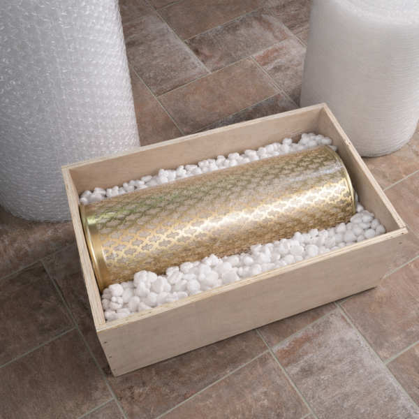 Moroccan Brass Wall Sconce - wooden box packaging Handmade Moroccan Brass Wall Sconce – Pierced Geometric Boho Light