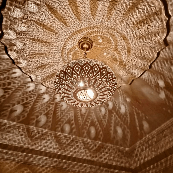 Moroccan Brass Saucer Pendant Light, Hand Pierced Bowl Lamp, Boho Shadow Pattern Ceiling Light