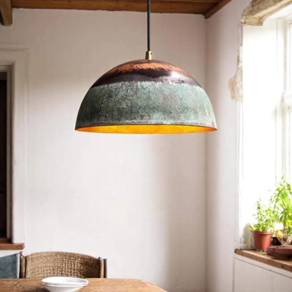 Handmade Patina Copper Pendant Light, Rustic Farmhouse Kitchen Lighting