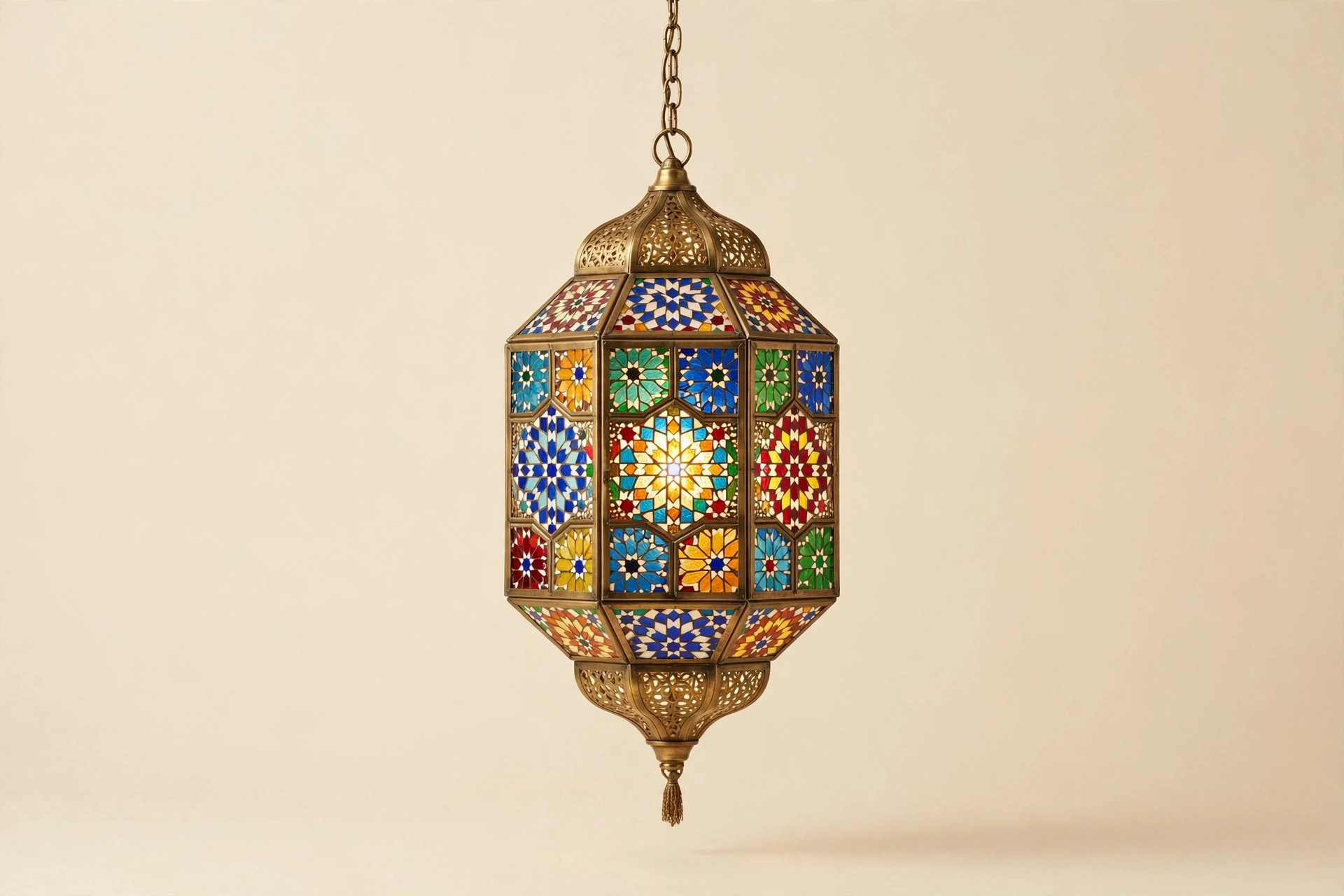 Set of two Handmade Moroccan Brass Pendant Light – Geometric Honeycomb Glass Globe Lantern